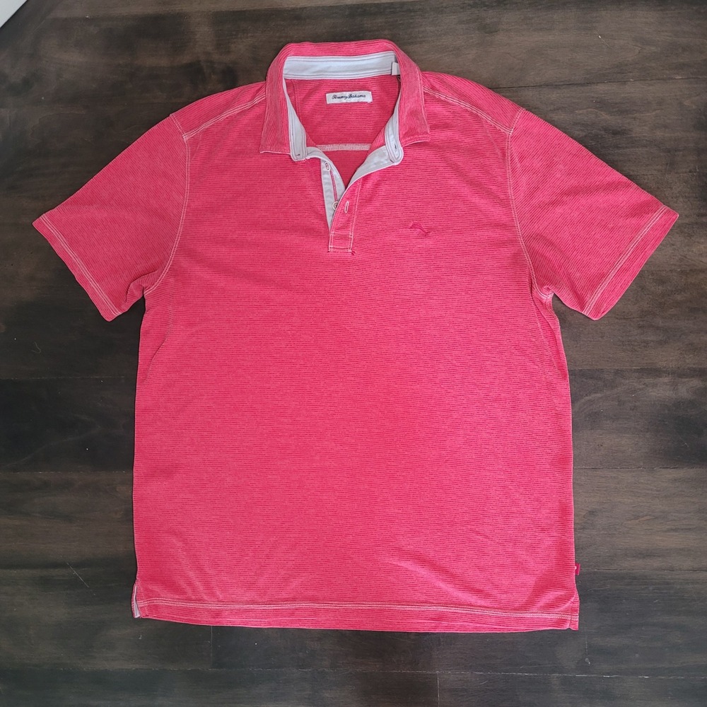 Tommy Bahama Mens Large Pink Micro Stripe Tencel Blend Short Sleeve Polo Shirt